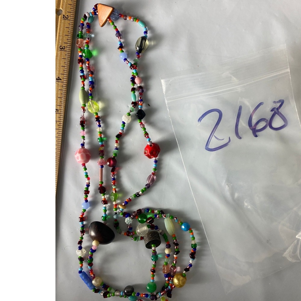 Vintage Multi Strand Seed Bead Necklace Boho Eclectic Mixed Media Glass Wood 34"